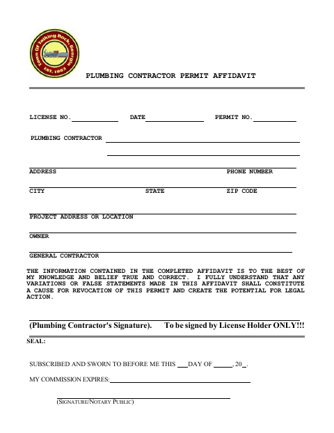 First page of the Plumbing Contractor Permit Affidavit