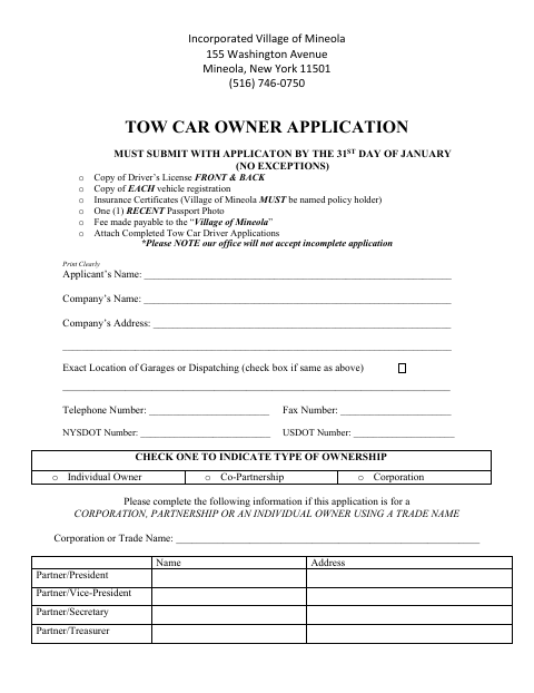 First page of the Tow Car Owner Application