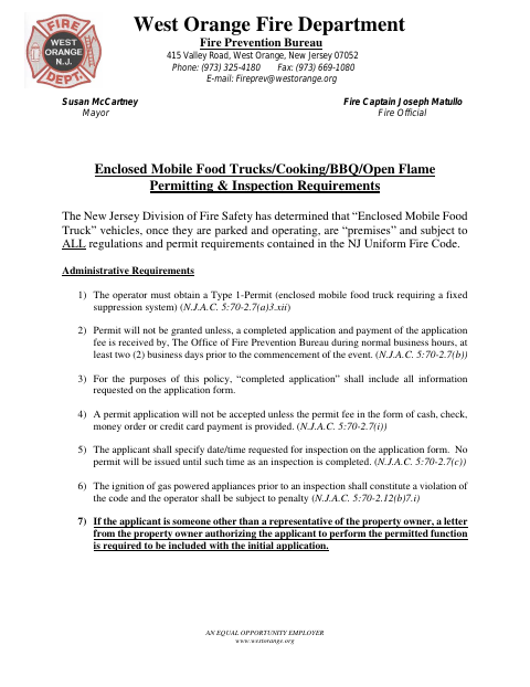 First page of the Mobile Food Truck Fire Permit Application