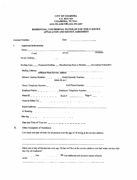 First page of the Water Application and Service Agreement