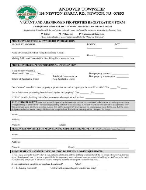 First page of the Vacant and Abandoned Properties Registration Form