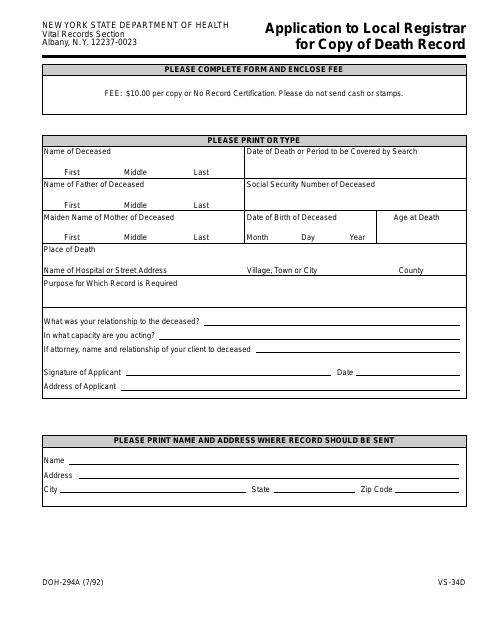 First page of the Application to Local Registrar for Copy of Death Record