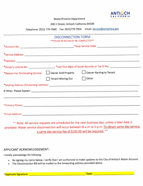 First page of the Water Service Disconnection Form 2026