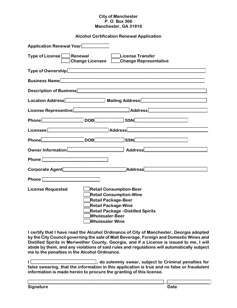 First page of the Alcohol Certification Renewal Application
