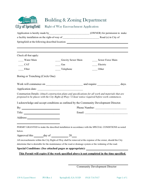 First page of the Right of Way Encroachment Application