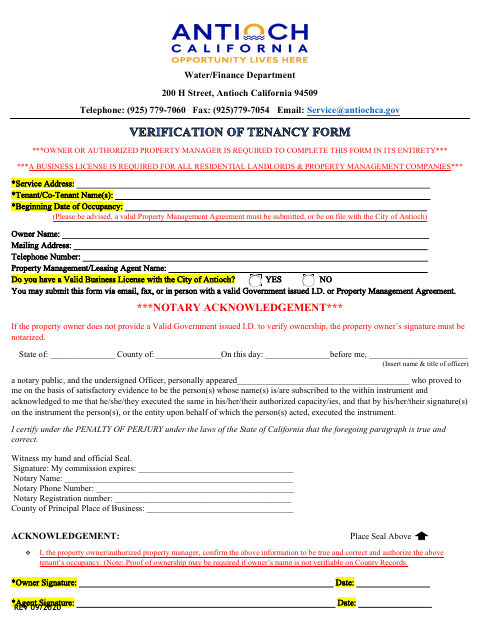 First page of the Verification Of Tenancy Form