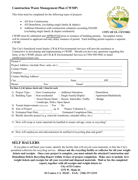 First page of the Construction and Demolition Debris Recycling Plan