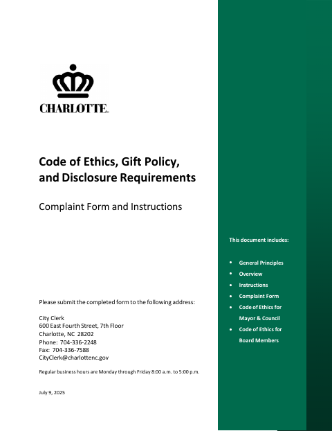 First page of the Code of Ethics, Gift Policy, and Disclosure Requirements Complaint Form