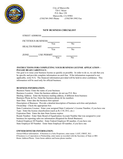 First page of the Residential Business License Application