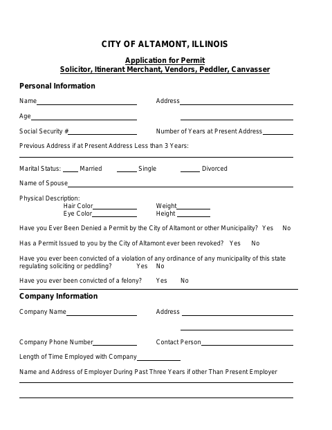 First page of the Application for Permit: Solicitor, Itinerant Merchant, Vendor, Peddler, Canvasser