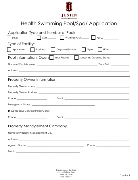 First page of the Health Swimming Pool/Spa Application