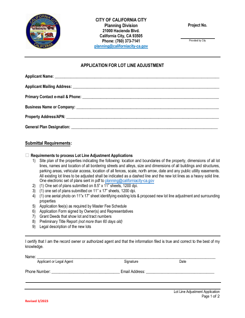 First page of the Lot Line Adjustment Application