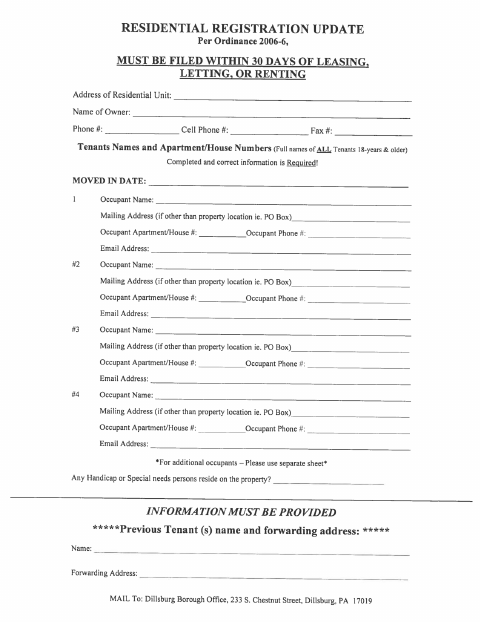 First page of the Residential Registration Update