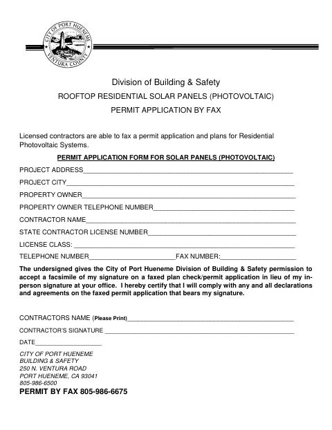 First page of the Rooftop Residential Solar Panels (Photovoltaic) Permit Application by Fax