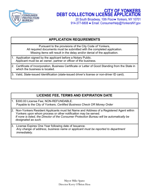 First page of the Debt Collection Agency License Application
