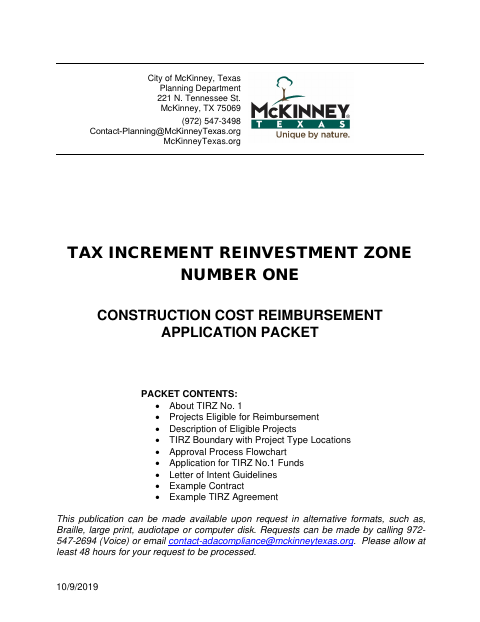 First page of the Tax Increment Reinvestment Zone Number One Construction Cost Reimbursement Application Packet
