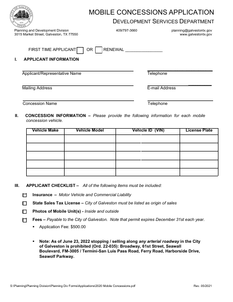 First page of the Mobile Concessions Application