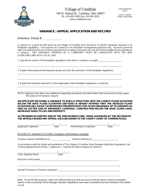 First page of the Variance / Appeal Application and Record