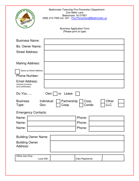 First page of the Fire Prevention Business Application