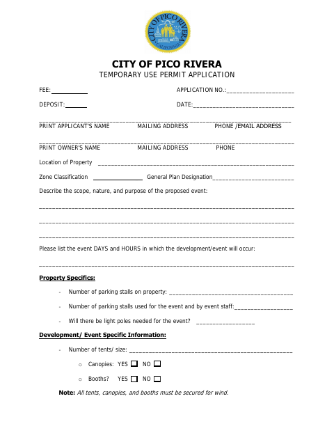 First page of the Temporary Use Permit Application