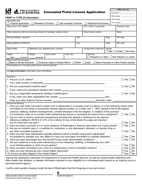 First page of the Concealed Pistol License Application