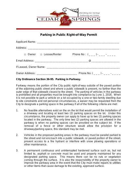 First page of the Parking in Public Right-of-Way Permit