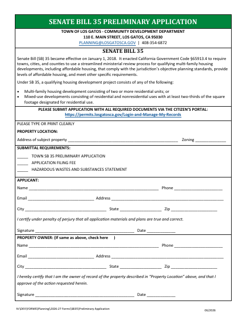 First page of the Senate Bill 35 Preliminary Application