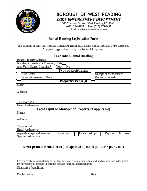 First page of the Rental Housing Registration Form