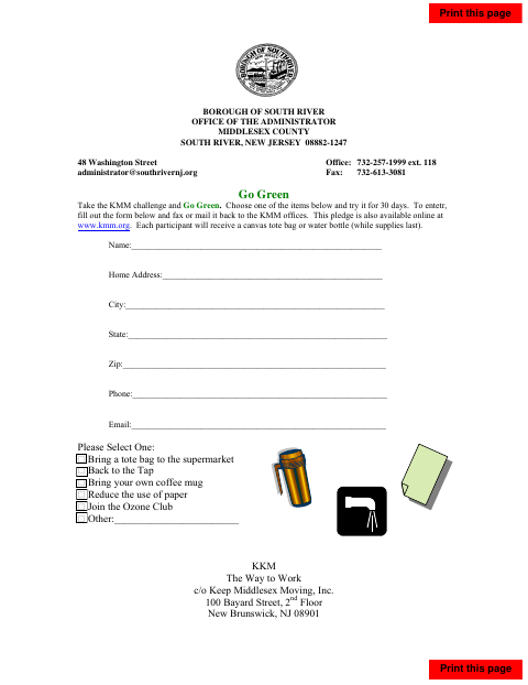 First page of the Go Green Pledge Form