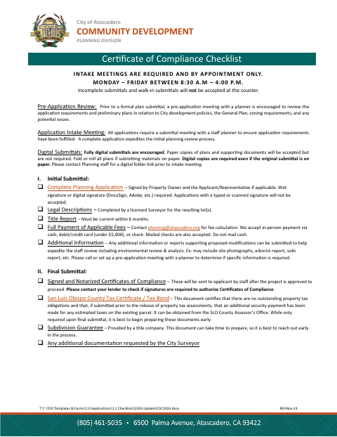 First page of the Certificate of Compliance Checklist