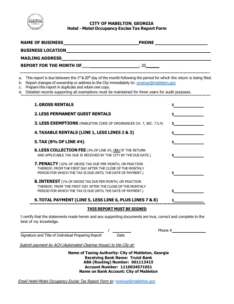 First page of the Hotel-Motel Occupancy Excise Tax Report Form