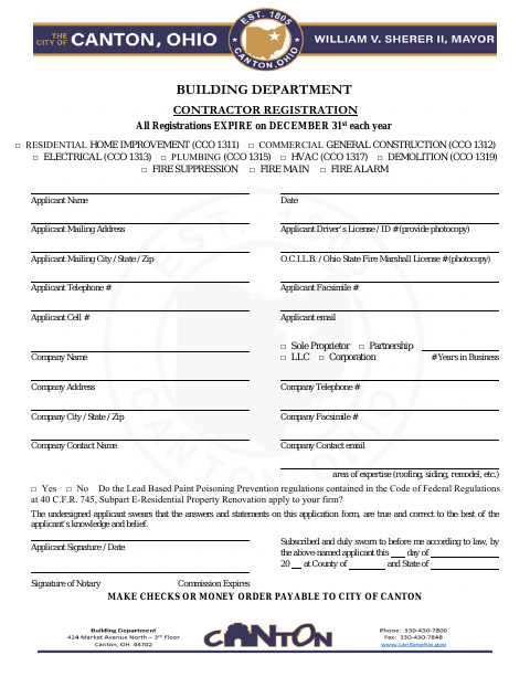 First page of the Contractor Registration Application