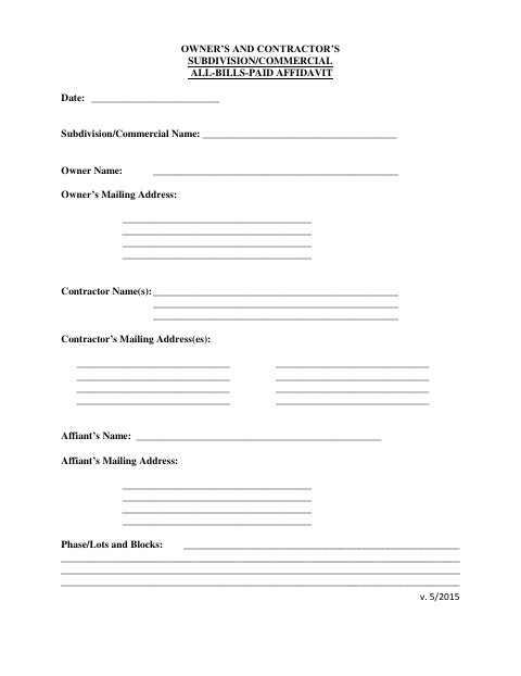 First page of the Owner’s and Contractor’s Subdivision/Commercial All-Bills-Paid Affidavit