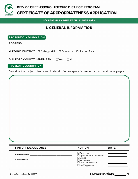 First page of the Historic District Certificate of Appropriateness Application