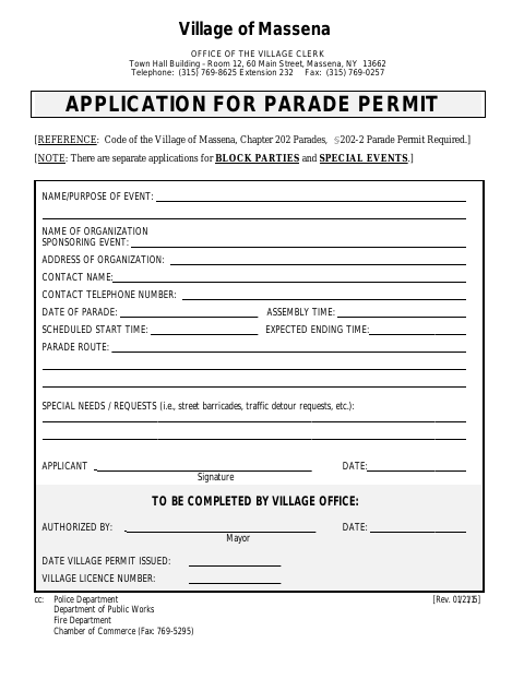 First page of the Application for Parade Permit