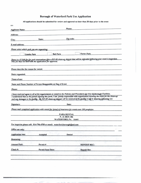 First page of the Park Use Application