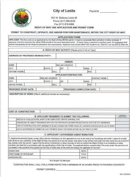 First page of the Right-of-Way Use Application and Permit