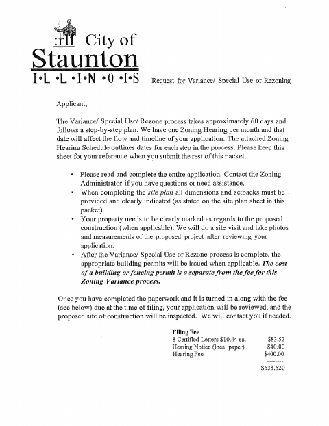 First page of the Variance, Special Use, or Rezoning Application