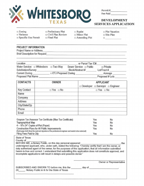 First page of the Development Services Application