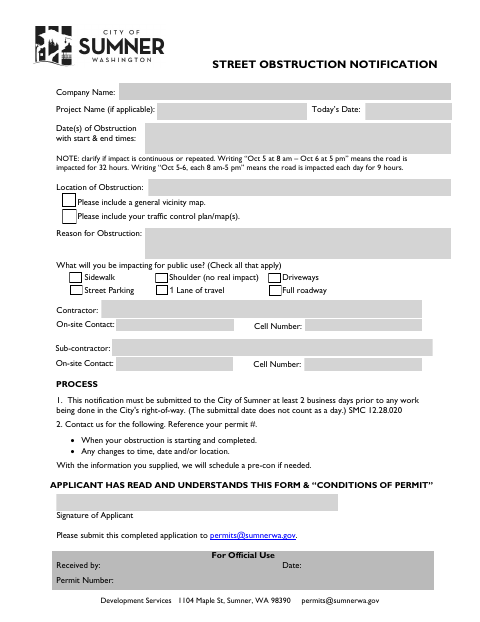 First page of the Street Obstruction Notification