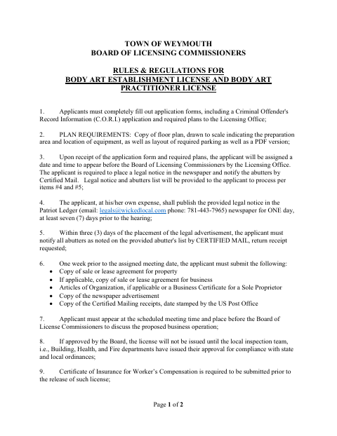 First page of the Body Art License Application