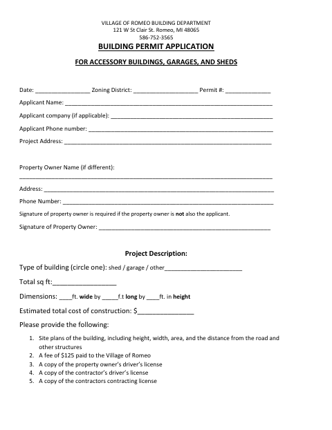 First page of the Building Permit Application for Accessory Buildings, Garages, and Sheds