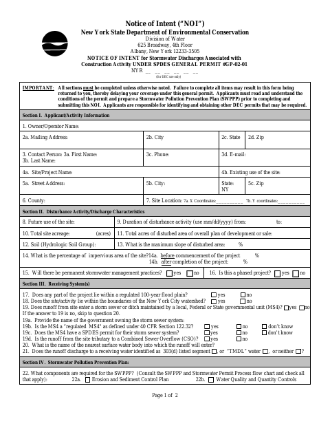 First page of the Notice of Intent for Construction Stormwater Discharges