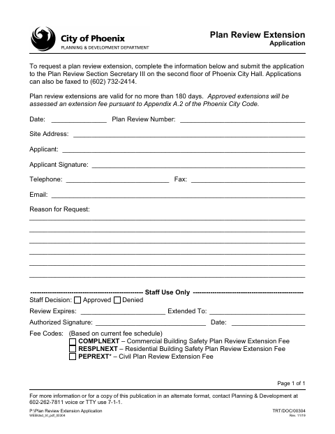 First page of the Plan Review Extension Application