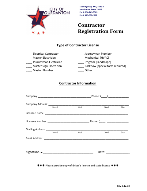 First page of the Contractor Registration Form