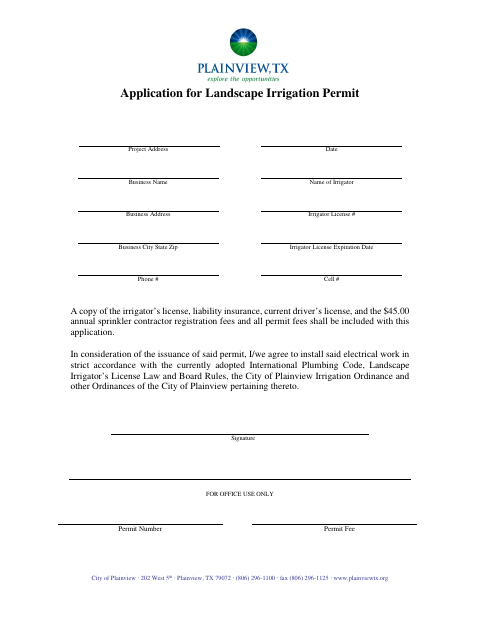 First page of the Application for Landscape Irrigation Permit