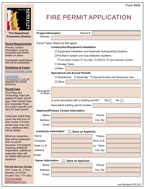First page of the Fire Permit Application