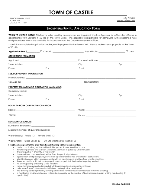 First page of the Short-Term Rental Application Form