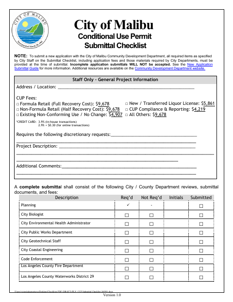 First page of the Conditional Use Permit Submittal Checklist