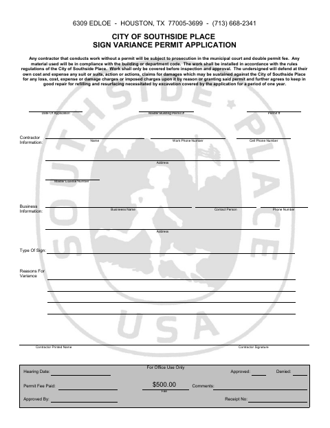 First page of the Sign Variance Permit Application